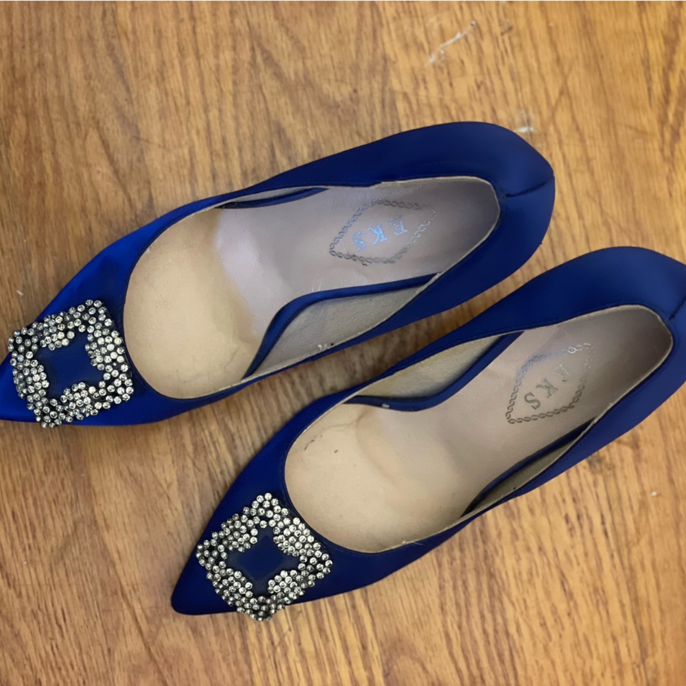 Blue Satin Flats with Rhinestone Buckle